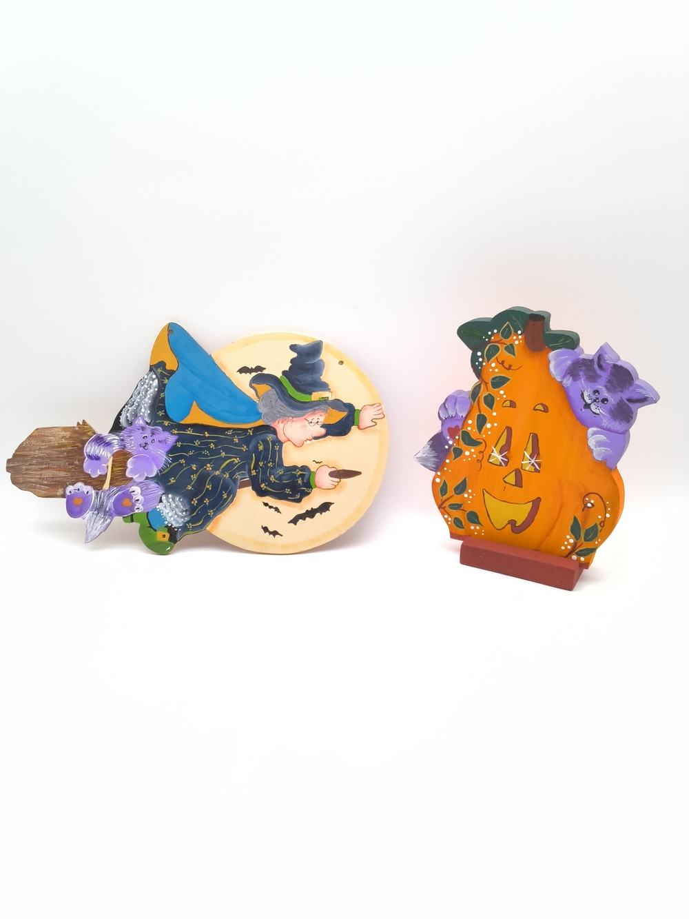 Halloween Witch and Pumpkin Wooden Figurine Set - Hand Painted Decor